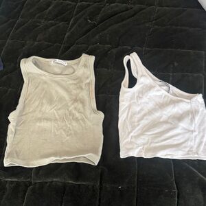 Zara Ribbed Crop Tank Tops - olive green  & one- shoulder white | S